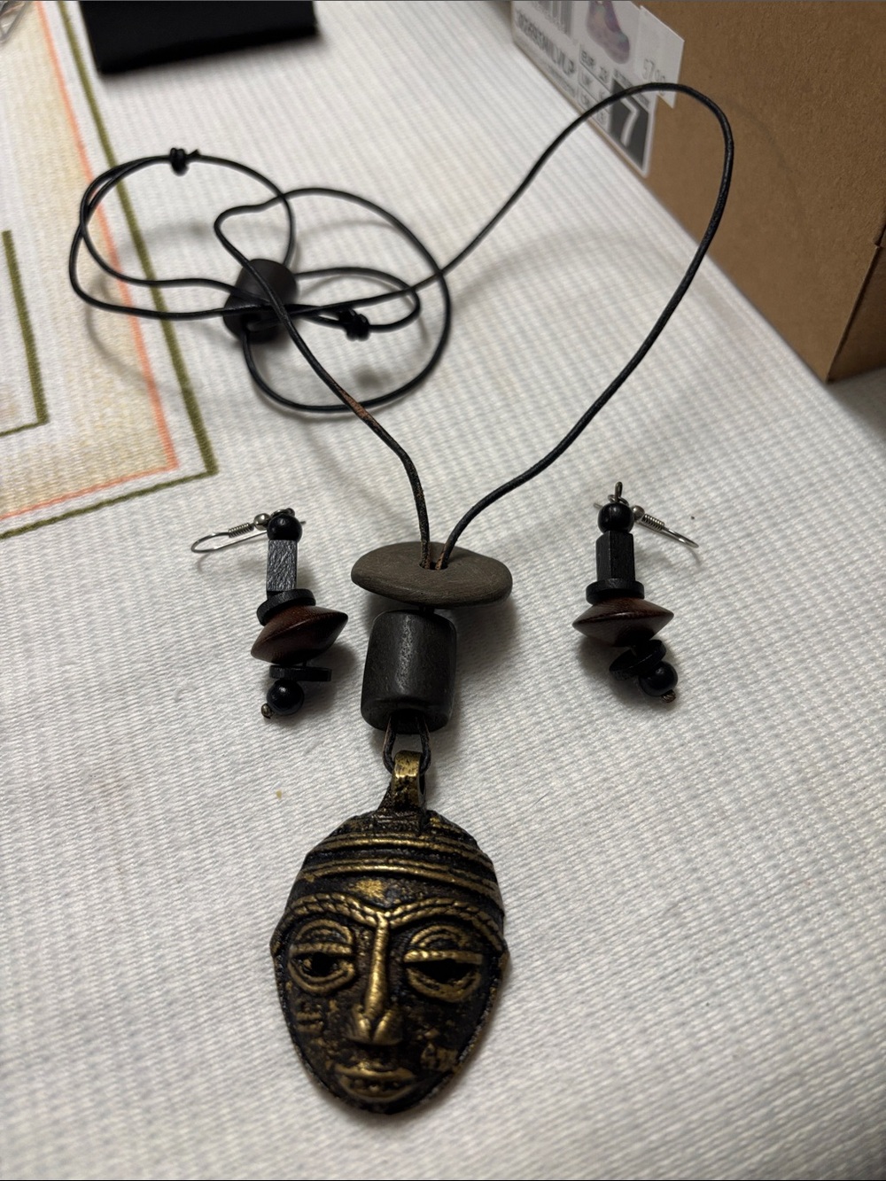 Carved Brass Mask Pendant Necklace with Matching Earrings - Black & Gold